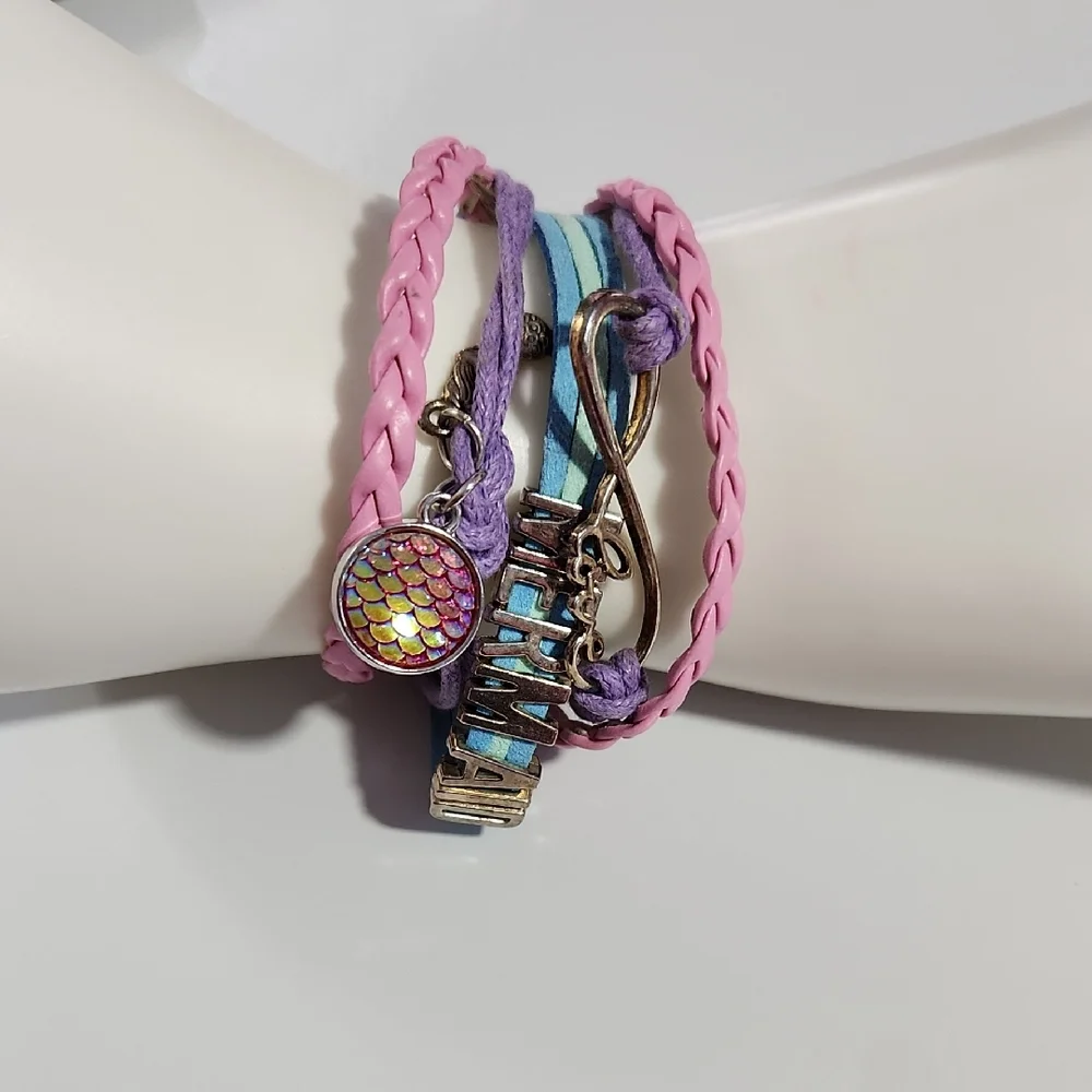 Girls Mermaid Love Pink Purple Green Blue Adjustable Bracelet